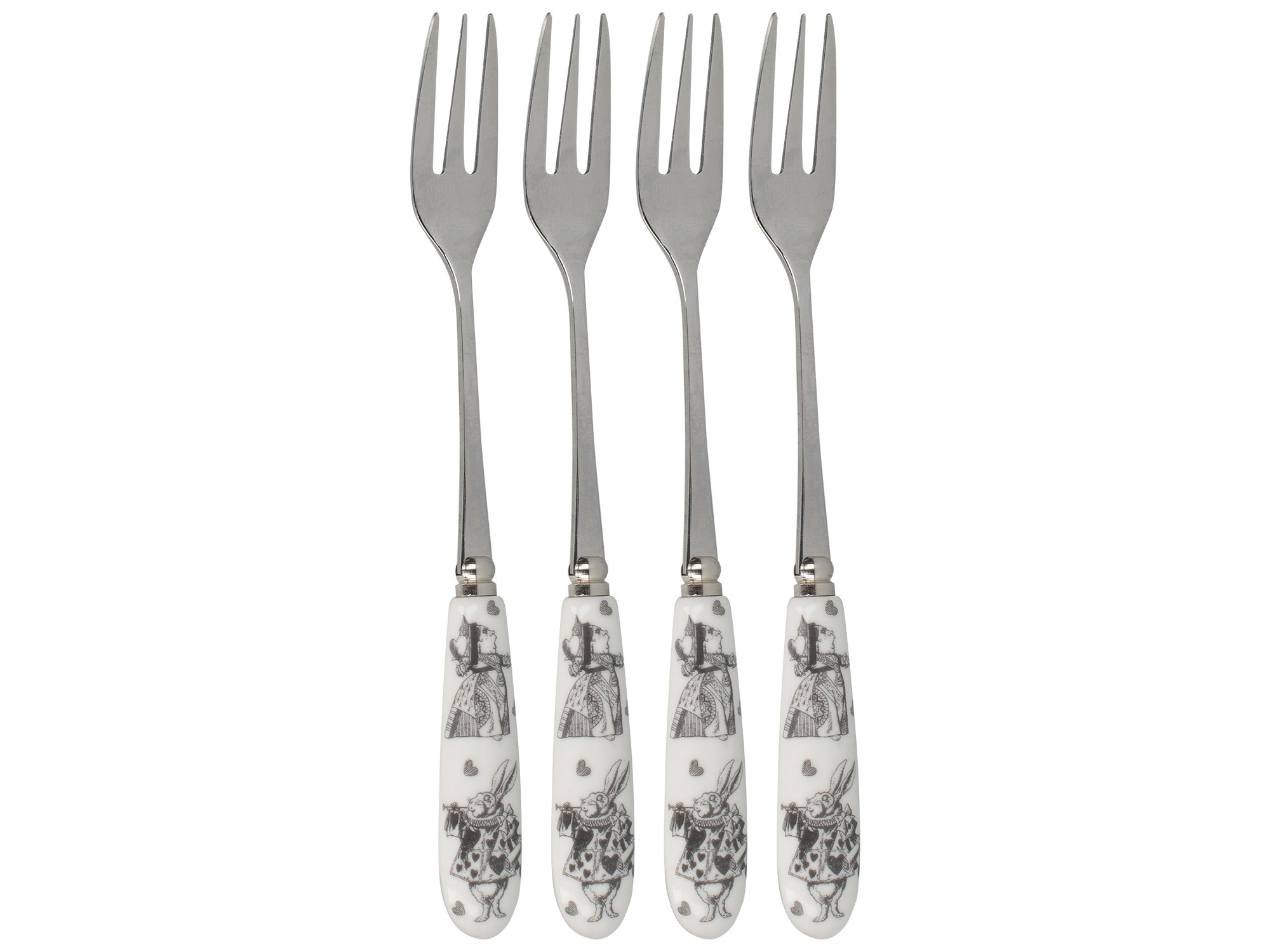 V&A 5227081 Alice in Wonderland Stainless Steel Dessert / Pastry Forks with Decorative Porcelain Handles, 15.5 cm - White