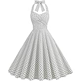Women Short 1950s Retro Vintage Cocktail Party Swing Dresses with Pockets Halter Neck Vintage Women 1950s Rockabilly Swing Dress 50s Retro Diner Pinup Dresses 50's Audrey Hepburn Dress White-Ruched M