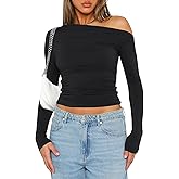 LOMON Long Sleeve Black Going Out Tops for Women Sexy Casual One Shoulder Tight Shirt Cute Spring Cream Sexy Blouse Black XL