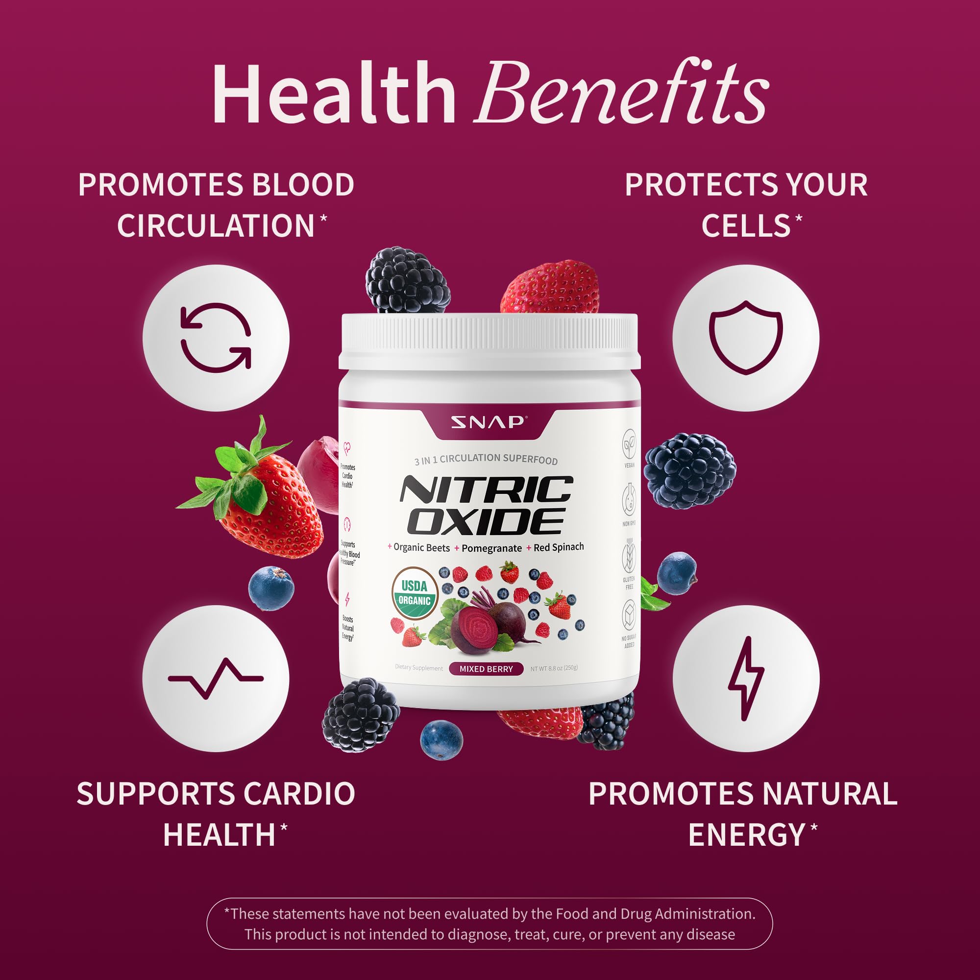 Snap Supplements Organic Beet Root Nitric Oxide Powder - Supports Energy and Healthy Circulation, 8.8 oz (30 Servings, 1 Month Supply), Mixed Berry