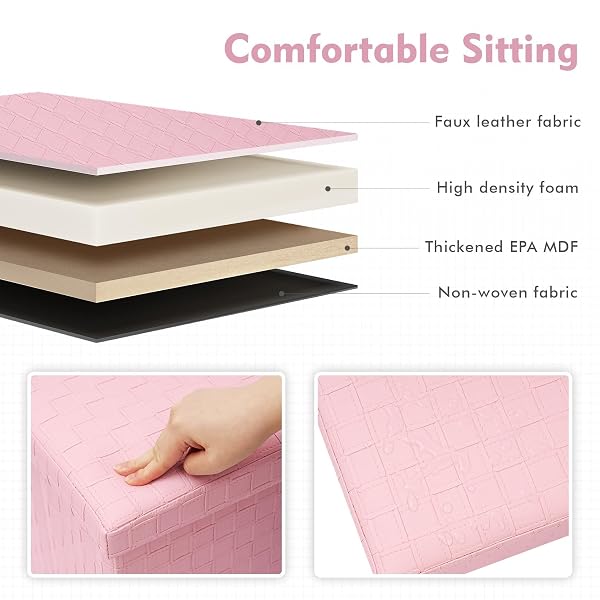 B FSOBEIIALEO FOLDING STORAGE OTTOMAN, FAUX LEATHER FOOTREST SEAT LONG SHOES BENCH BOX CHEST, PINK 30″X15″X15″