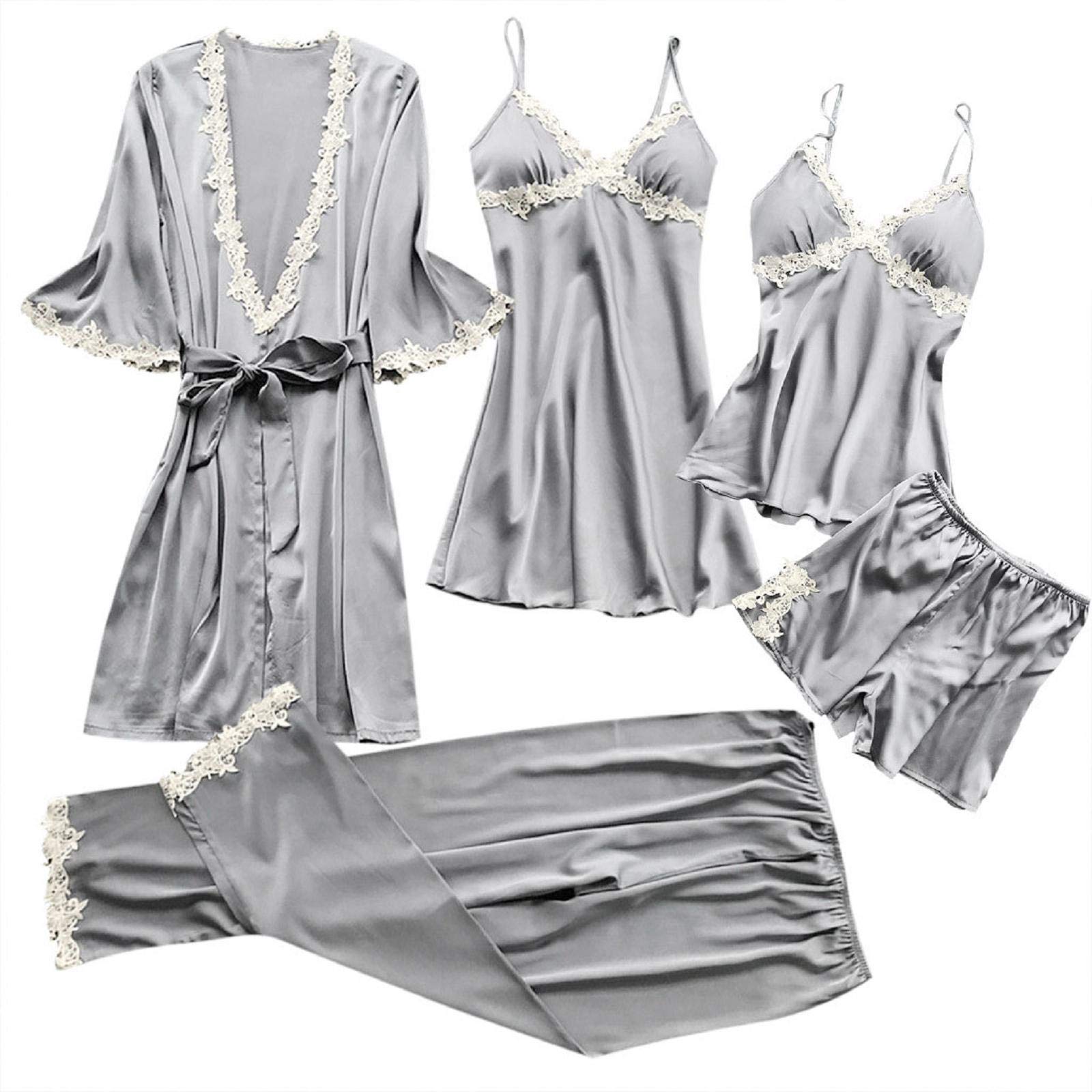 TOTOD Women Silk Overall 5 PCS Pajamas Set - 5PC Suit Satin Pajamas Sexy Lace Pijama Babydoll Nightwear Home Clothes