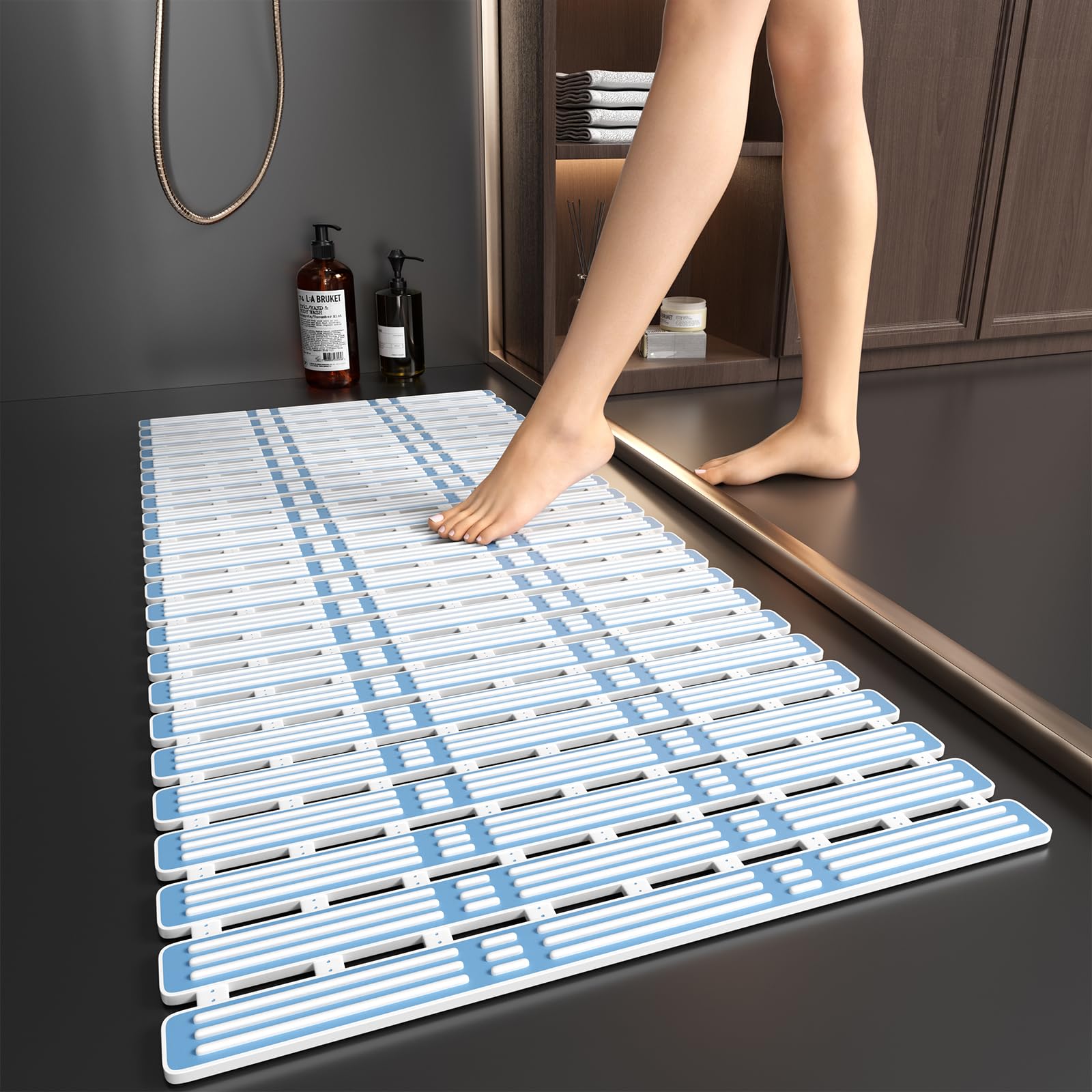 XIYUNTE Bath Mat Non Slip Anti Mould - 90x40cm Extra Long Bathtub Mats Non Slip Shower Mats for Inside Shower, TPE Anti Slip Shower Mat with Suction Cups, Rubber Bath Mat, Cut to Size, Blue