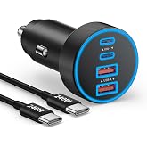 Car Charger USB C Fast Charge, 90W 4-Port Cigarette Lighter USB Charger | Type C Super Fast Car Charger Adapter with 240W 3FT USB C Cable for iPhone Duo/18/18 Pro Max/17/16/15/Pro Max, Galaxy,Android