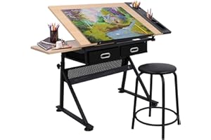 JupiterForce Drafting Table Art Desk with 2 Storage Drawers, Height Adjustable Drawing Table for Painters, Working, Writing, Home Office, Natural