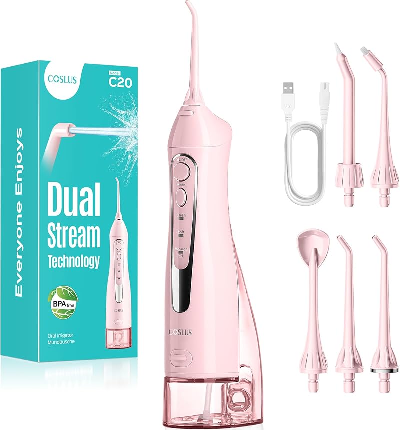COSLUS C20 Water Flosser 300ml Tank IPX7 Rechargeable Pink