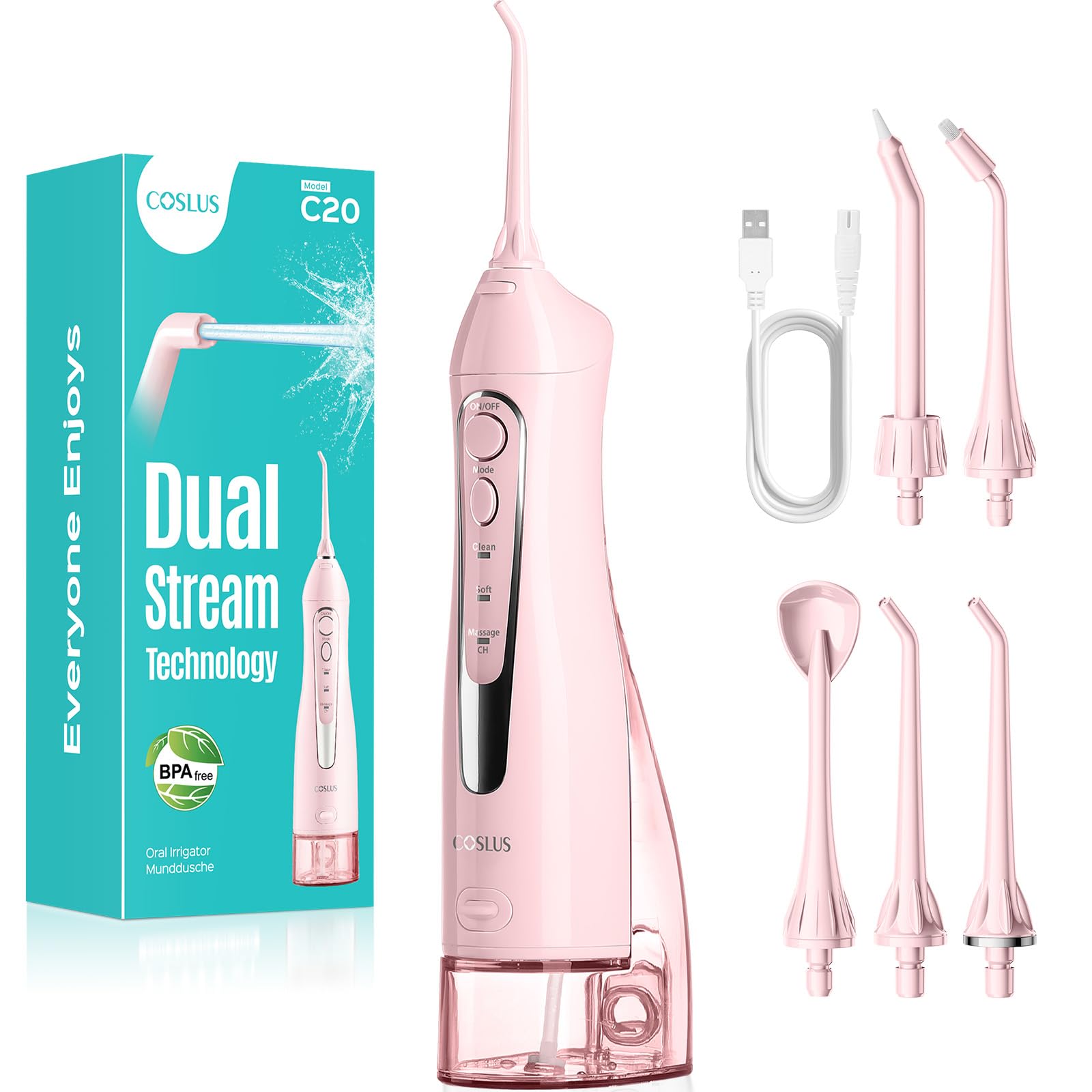 COSLUS C20 Water Dental Flosser Teeth Pick: 2026 Upgraded Portable Cordless Waterproof Flossing 300ML Rechargeable Travel Irrigation Cleaner IPX7 Pink