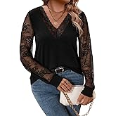 SweatyRocks Women's Plus Size Lace Tops Mesh Long Sleeve V Neck Fitted Tees Shirts