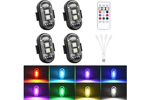 WOLFWILL Wireless RGB LED Aircraft Strobe Lights with Remote Control, 8 Colors 10 Flash Modes USB Charging Anti-Collision Lights Waterproof Emergency Warning Light for Drone Car Motorcycle Bike 4 Pcs