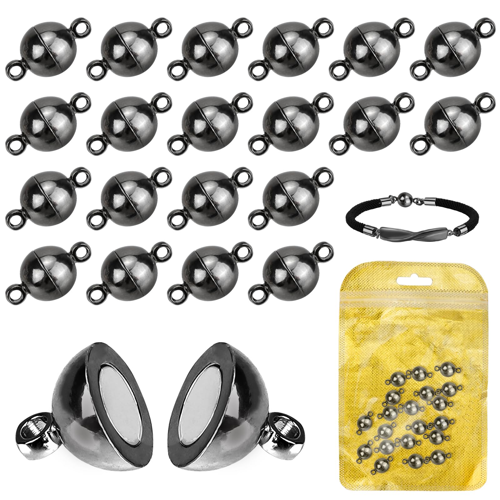 MOAMUN 20PCS Magnetic Necklace Clasps, 6MM Round Bracelet Clasps and Closures, Ball Magnetic Bracelet Clasp and Fasteners for Necklaces Bracelets Anklet Jewellery Making DIY Craft (Black 6MM)