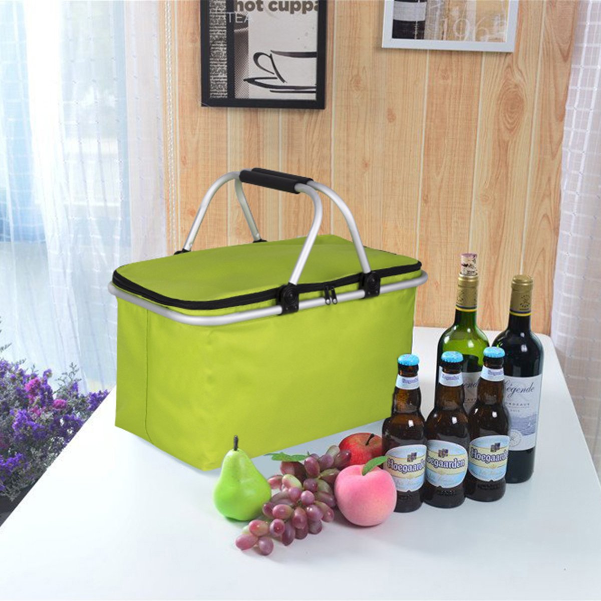 WISHPOOL Oxford Cloth Insulated Lunch Bag Reusable Collapsible Cooler Tote Box for Picnic Hiking (Green)