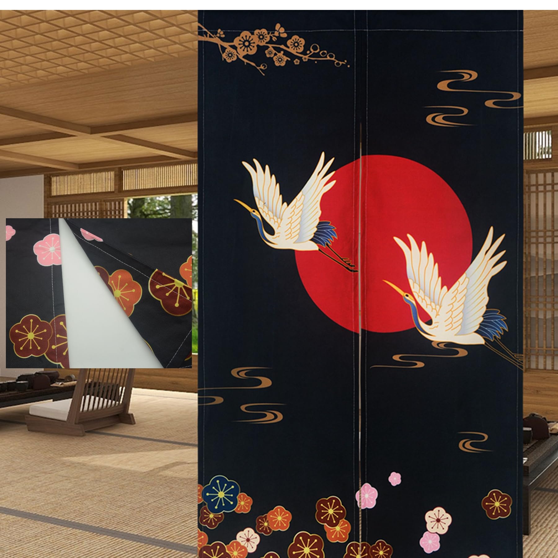 LIGICKY Noren Doorway Curtain Japanese Style Thicken White Cranes Red Sun Gold Colourful Cherry Blossom Printed Window Treatment Door Tapestry for Home Decoration 33.5 x 59 inch, Double Sided