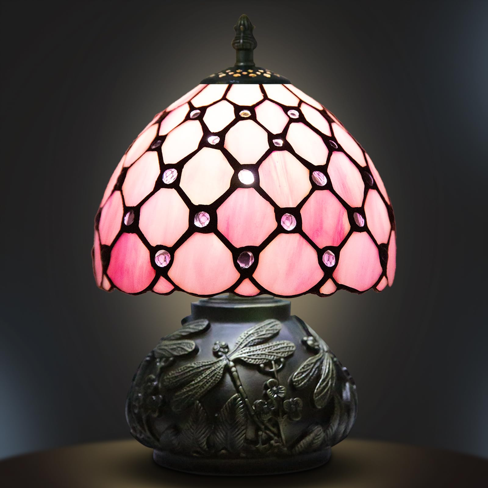 Ppbmocw Small Tiffany Lamp,Stained Glass Table Lamp for Living Room,Bedside,Reading,8 Inch Vintage Mini Mushroom Desk Light Included 3 Color Temperatures E27 Bulb (Pink)