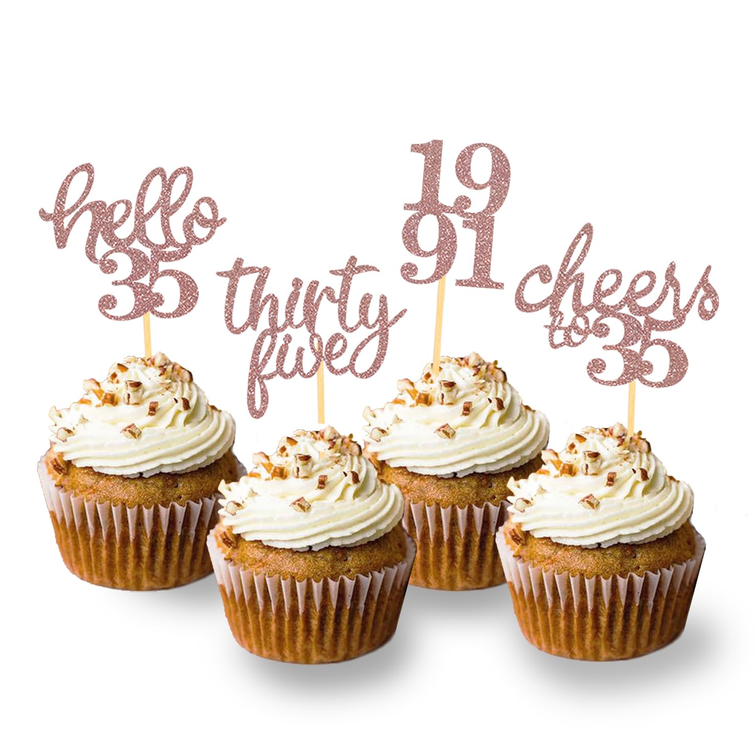 Photo 1 of 24Pcs Glitter 35th Birthday Cupcake Toppers, Hello 35th Birthday Cake Topper- 35th Birthday Decorations for Celebrating Thirty-Five Years Old Birthday Party (Rose Gold2)