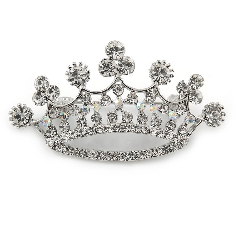 Clear Crystal Crown Brooch In Silver Tone Metal - 50mm W