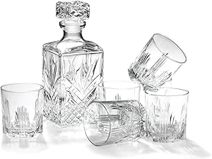 Bormioli Rocco Selecta Collection Whiskey Gift Set – Sophisticated Etched 33.75oz Decanter & 6 9.5oz Glass Tumblers With Starburst Detailing – For Whiskey, Bourbon, Scotch & Liquor