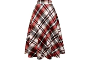 IDEALSANXUN Womens Plaid Wool Skirts Elastic Waist A-Line Pleated Tartan Long Skirts