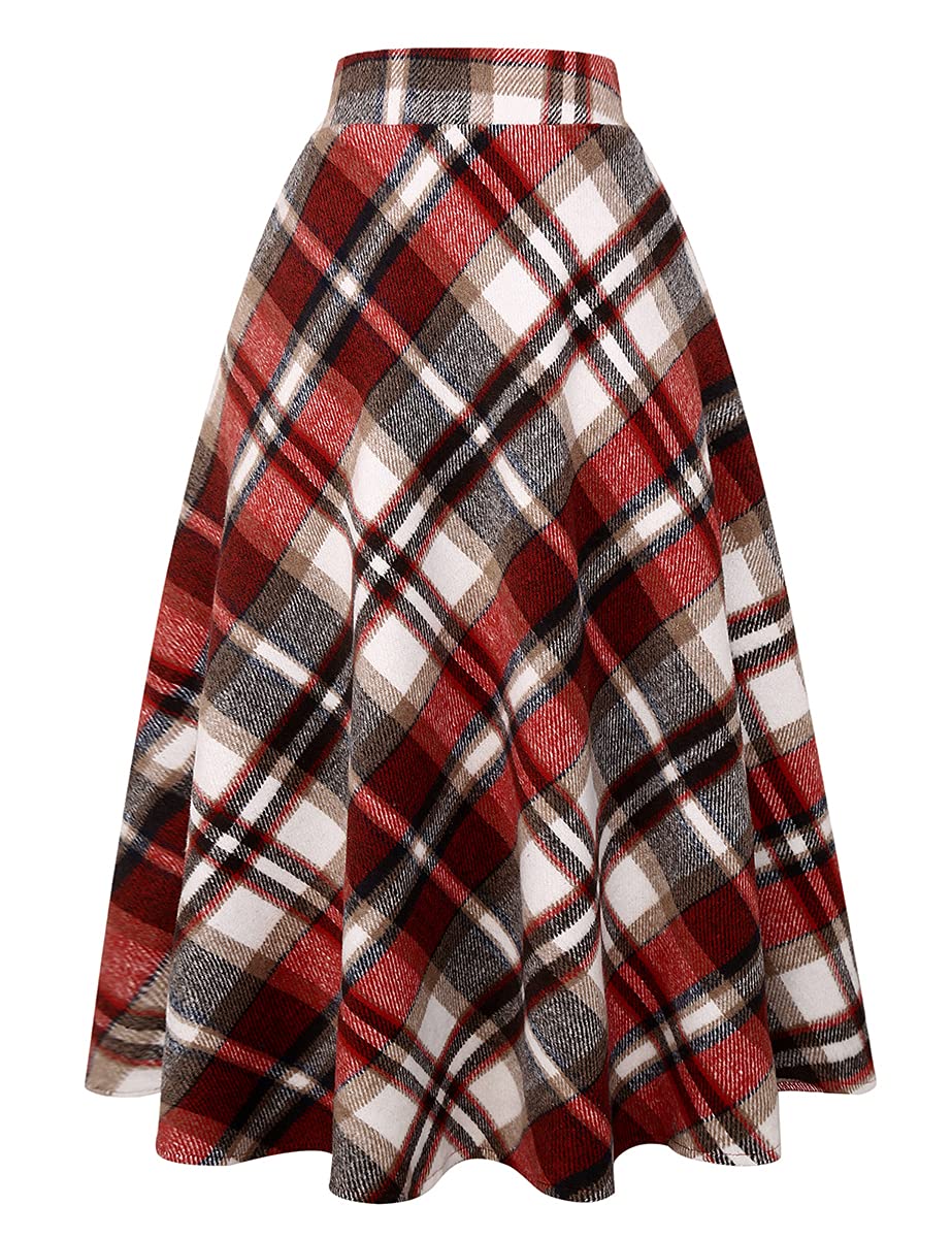 Womens High Elastic Waist Maxi Skirt A-line Plaid Winter Warm Flare Long Skirt - Green - CS188Y9X44G