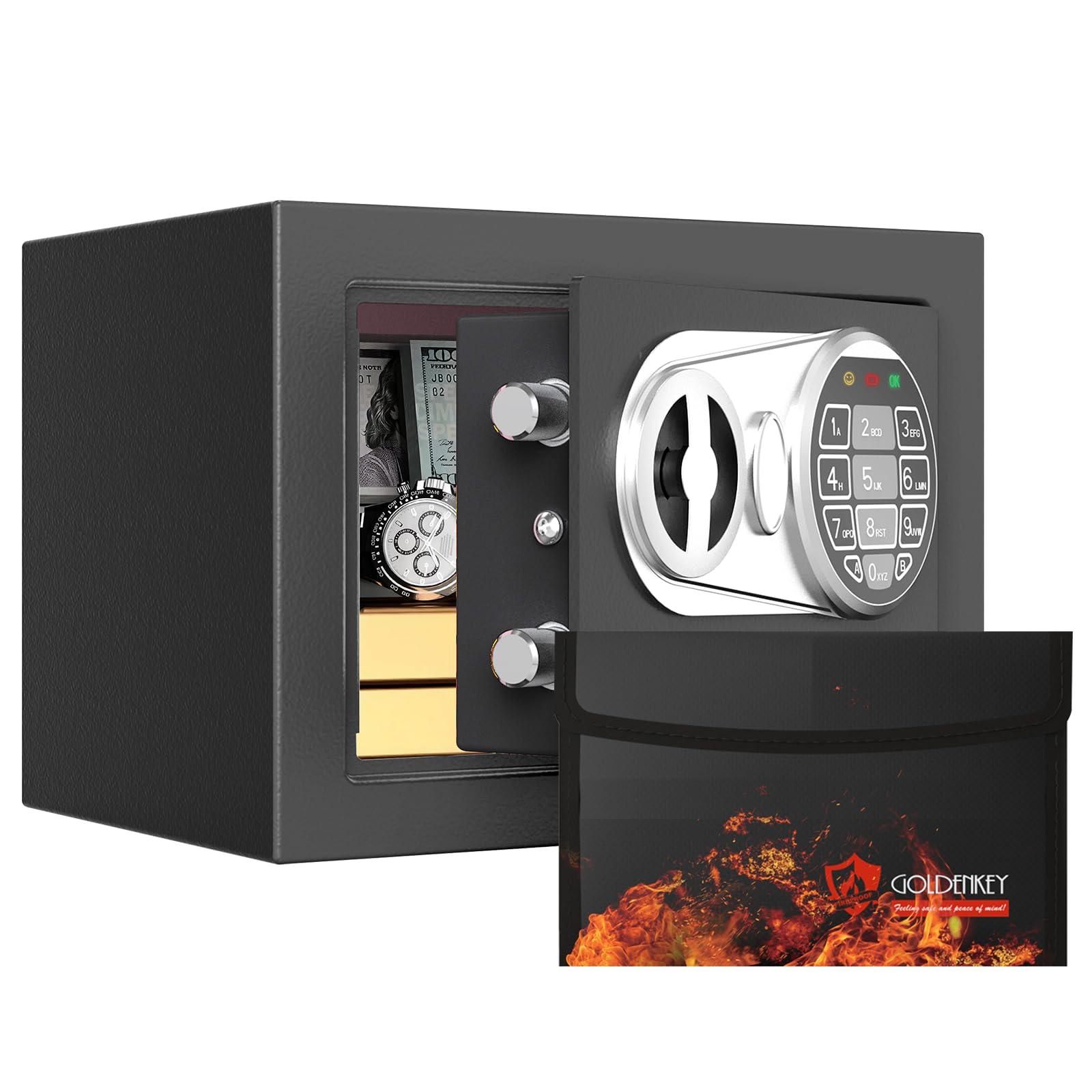 Photo 1 of Goldenkey Small Kids Safe with Fireproof Bag, Digital Mini Safes with Keys&Code for Money, Safe Box for Personal Items for Home, 6.69"D x 9.05"W x 6.69"H
