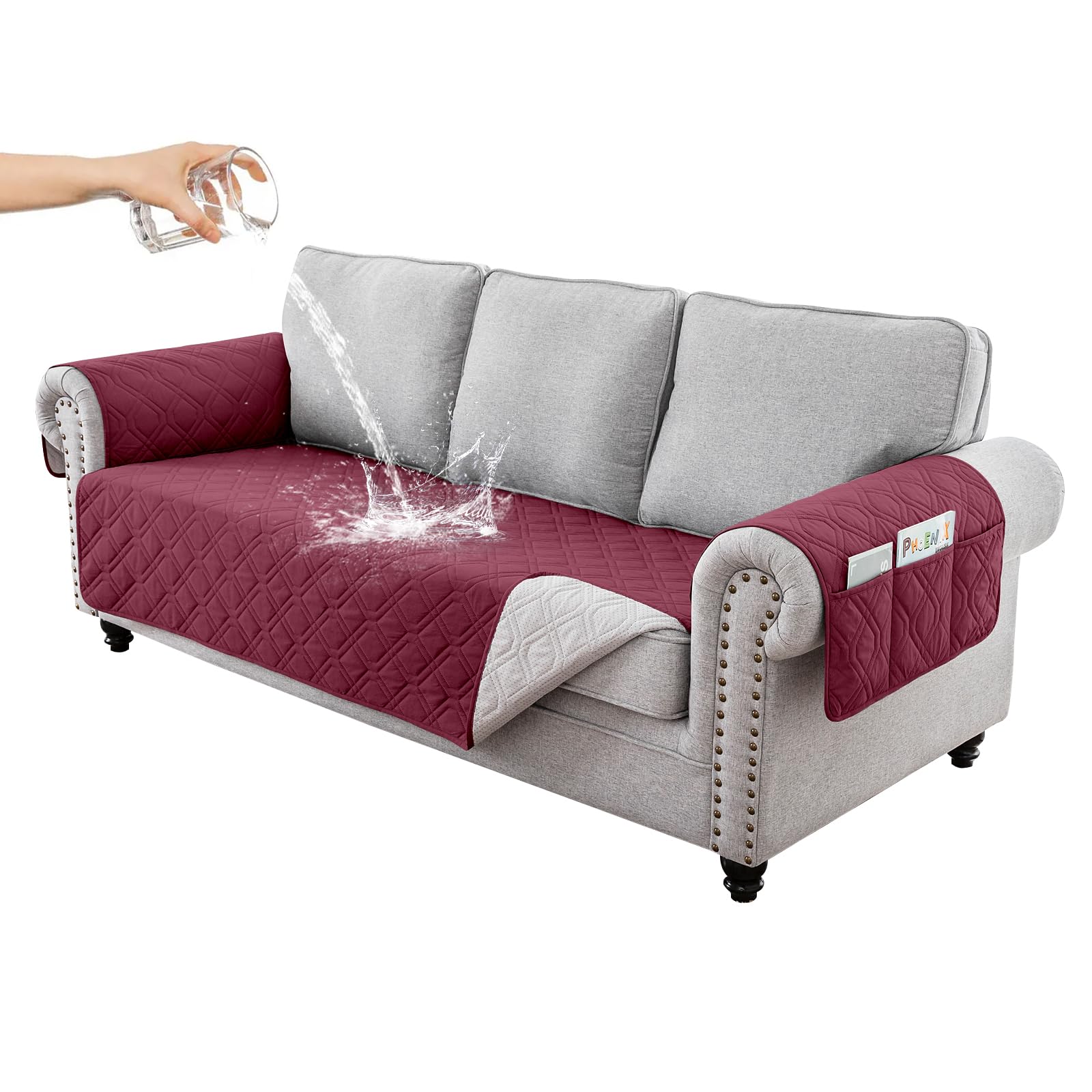 RAPRAP Sofa Cover 3 Seater 100% Waterproof Sofa Protector with Side Pockets for Kids, Pets, Dogs, Durable Non-Slip Three Seater Couch Covers, Washable,Red,3 Seater