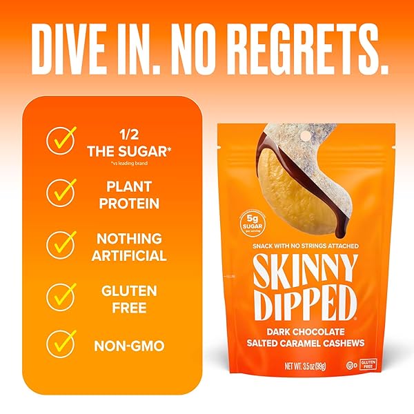 SKINNYDIPPED DARK CHOCOLATE SALTED CARAMEL CASHEWS, HEALTHY SNACK, PLANT PROTEIN, GLUTEN FREE, 3.5 OZ RESEALABLE BAGS, PACK OF 1