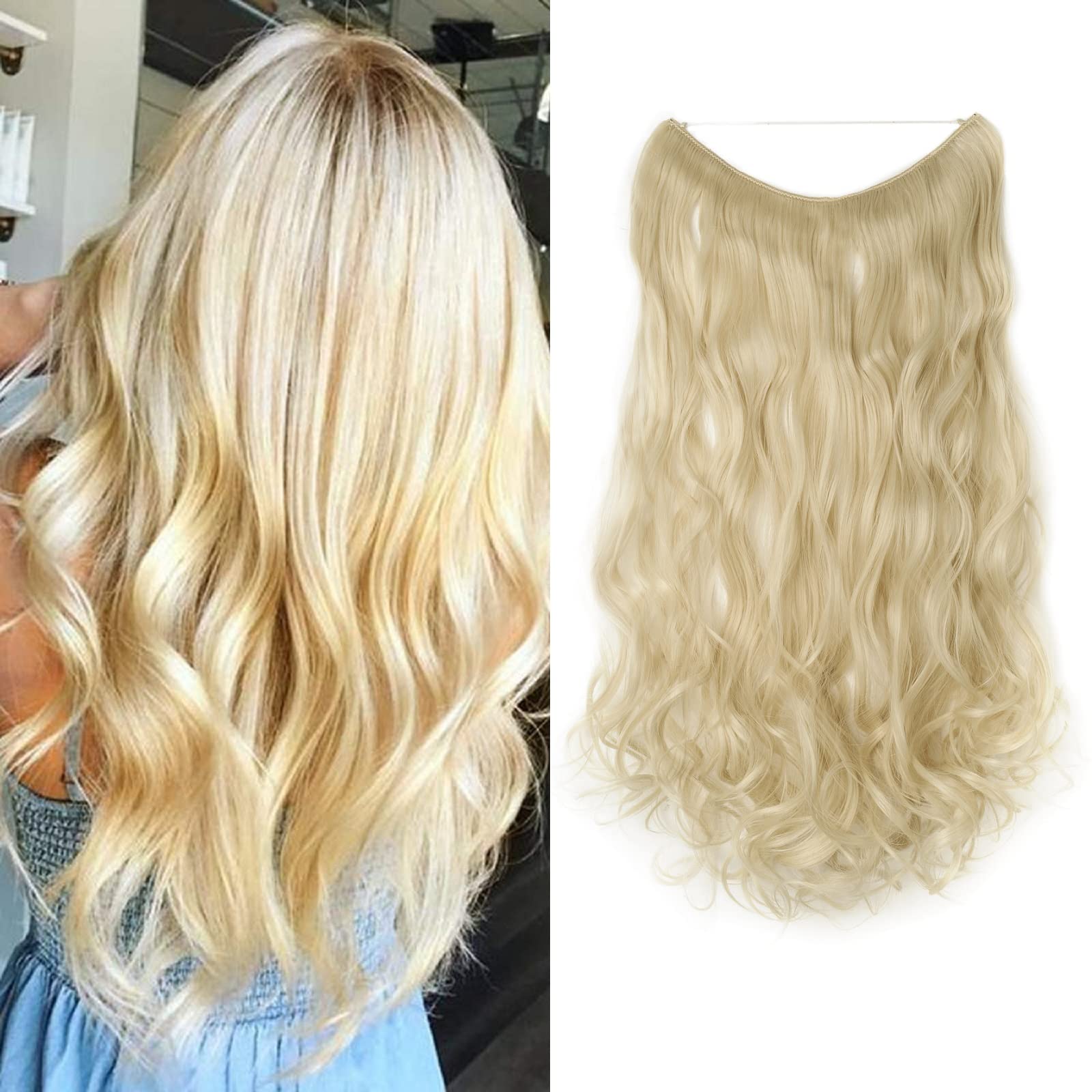 Silk-co 20 inches Wire in Hair Extensions One Piece Hairpiece Sythetic Hidden Elastic Long Curly Wavy Half Head Bleach Blond — image 1