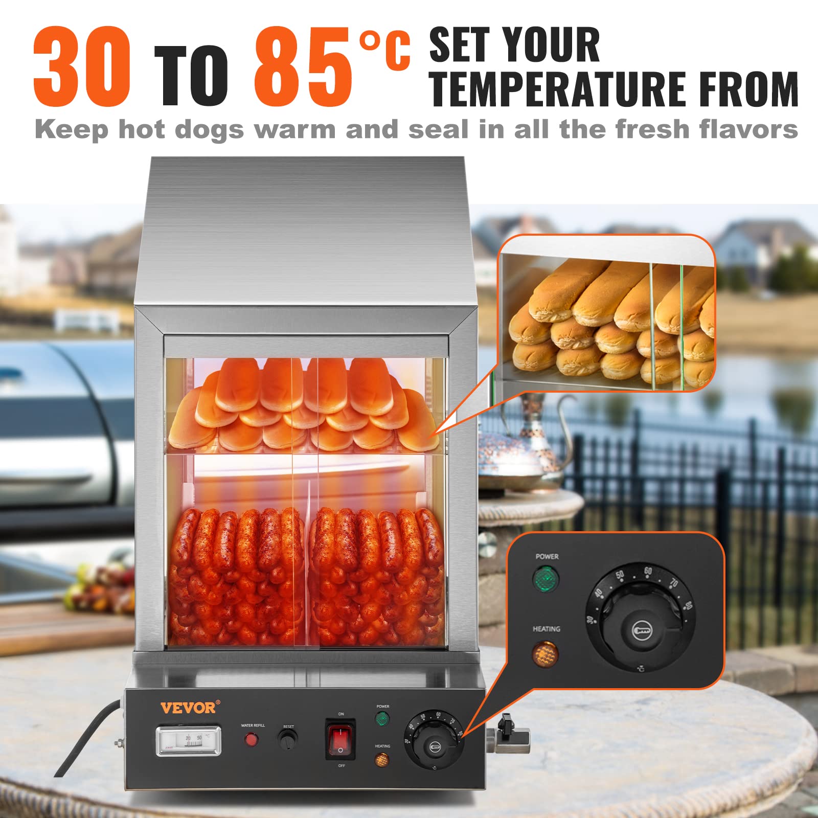 VEVOR Hot Dog Machine, 36 L, 2-Tier Hot Dog Steamer for 200 Hotdogs & 42 Buns, 1200W Electric Bun Warmer Cooker with Rotary Knob Temp Display
