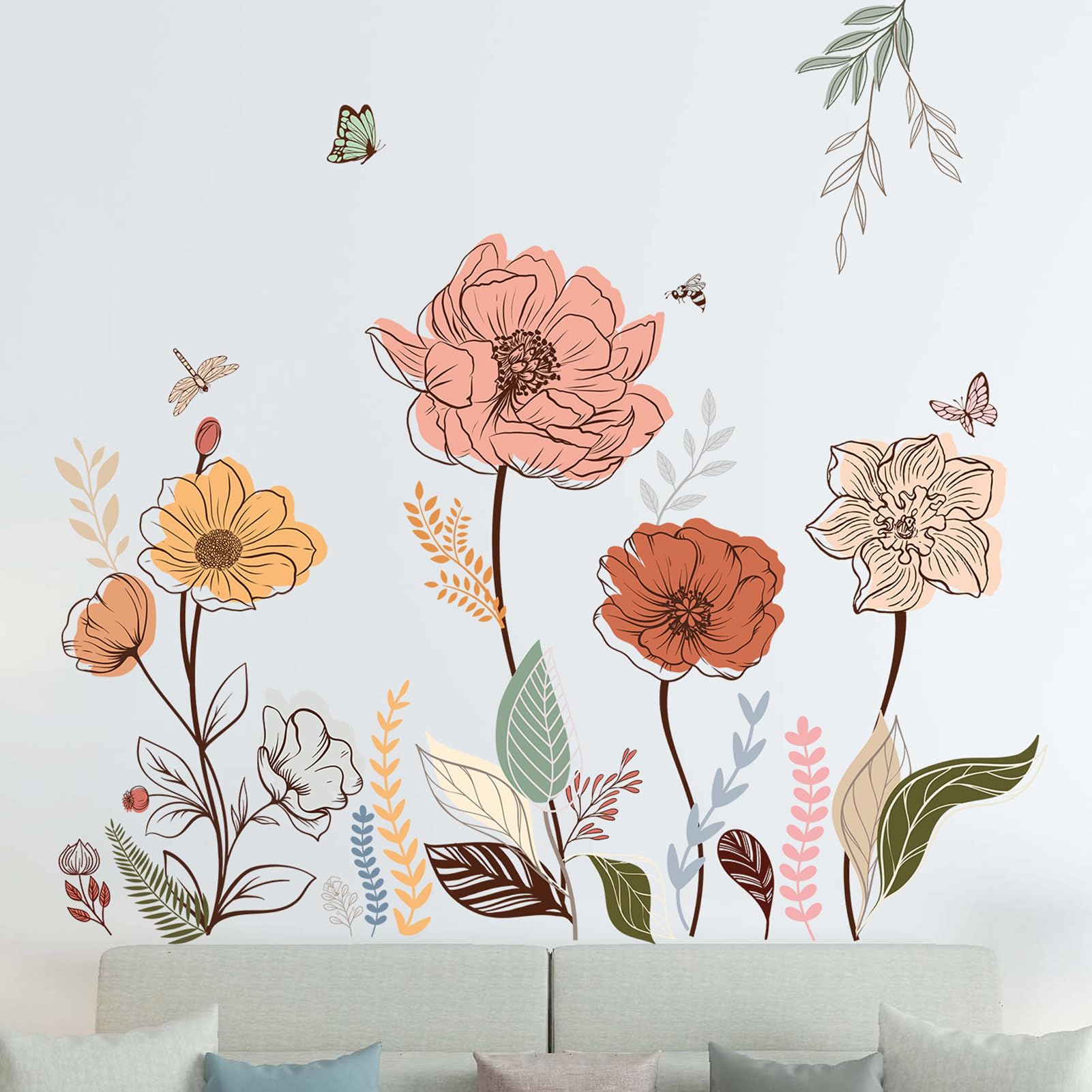 Boho Flower Wall Stickers for Bedroom: Peel and Stick Wildflower Floral Butterfly Wall Stickers - Sofa TV Background Home Art Wall Decor
