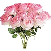 TFSWUFI White-Pink Roses Artificial Flowers 15 PCS, Fake Roses Silk Flowers with Long Stems, Faux Rose for Wedding Centerpieces, Home Decor, Party Decor, DIY Bouquet (White-Pink)