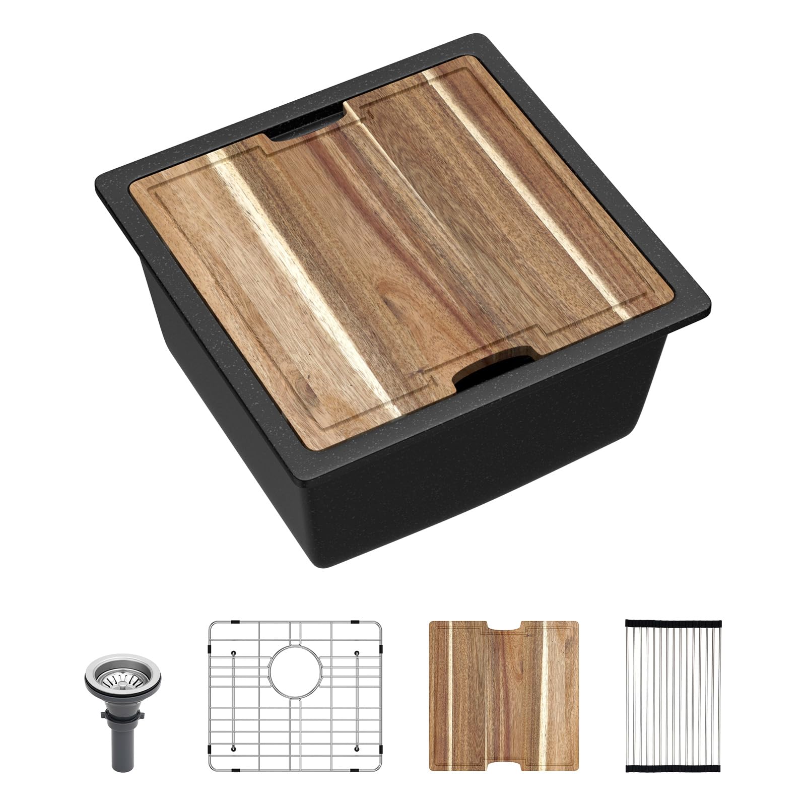 Photo 1 of 18x18 Outdoor Kitchen Sink Undermount Black Granite Composite Bar Prep Workstation Sink Black Granite Composite Quartz Single Bowl Rv Camper Small Outdoor Sinks with Cutting Board