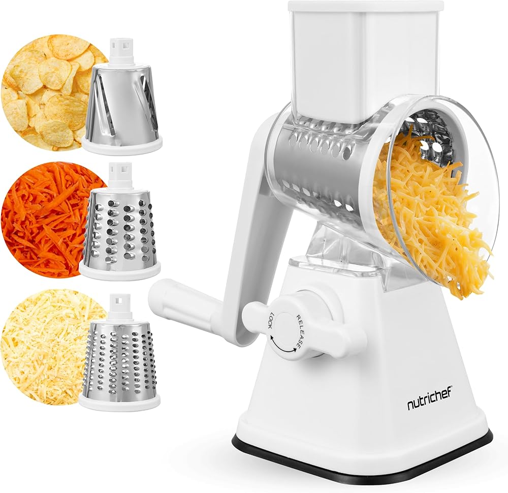 Nutrichef 3 in 1 Cheese Grater &amp; Shredder | Strong Suction Base, Rotary Handle with Safety Lock | Includes Hand Crank &amp; 3 Dru