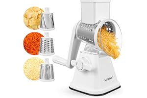 Nutrichef 3 in 1 Cheese Grater & Shredder | Strong Suction Base, Rotary Handle with Safety Lock | Includes Hand Crank & 3 Dru
