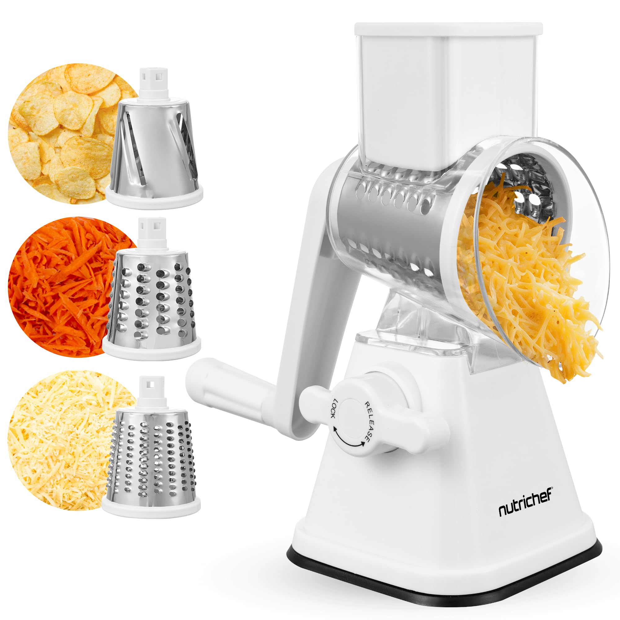 Photo 1 of Nutrichef 3 in 1 Cheese Grater & Shredder | Strong Suction Base, Rotary Handle with Safety Lock | Includes Hand Crank & 3 Drum Blades for 3 Textures, Fine, Medium & Strips | White