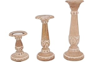 MELA ARTISANS “Pakshi” Candle Holders for Pillar Candles (Natural White, Set of 3) - Mangowood Candle Stand Holder - Farmhouse Wooden Candle Holders Pillar - Candle Holder Decor for Table Centerpiece - 6”, 9”, 12”