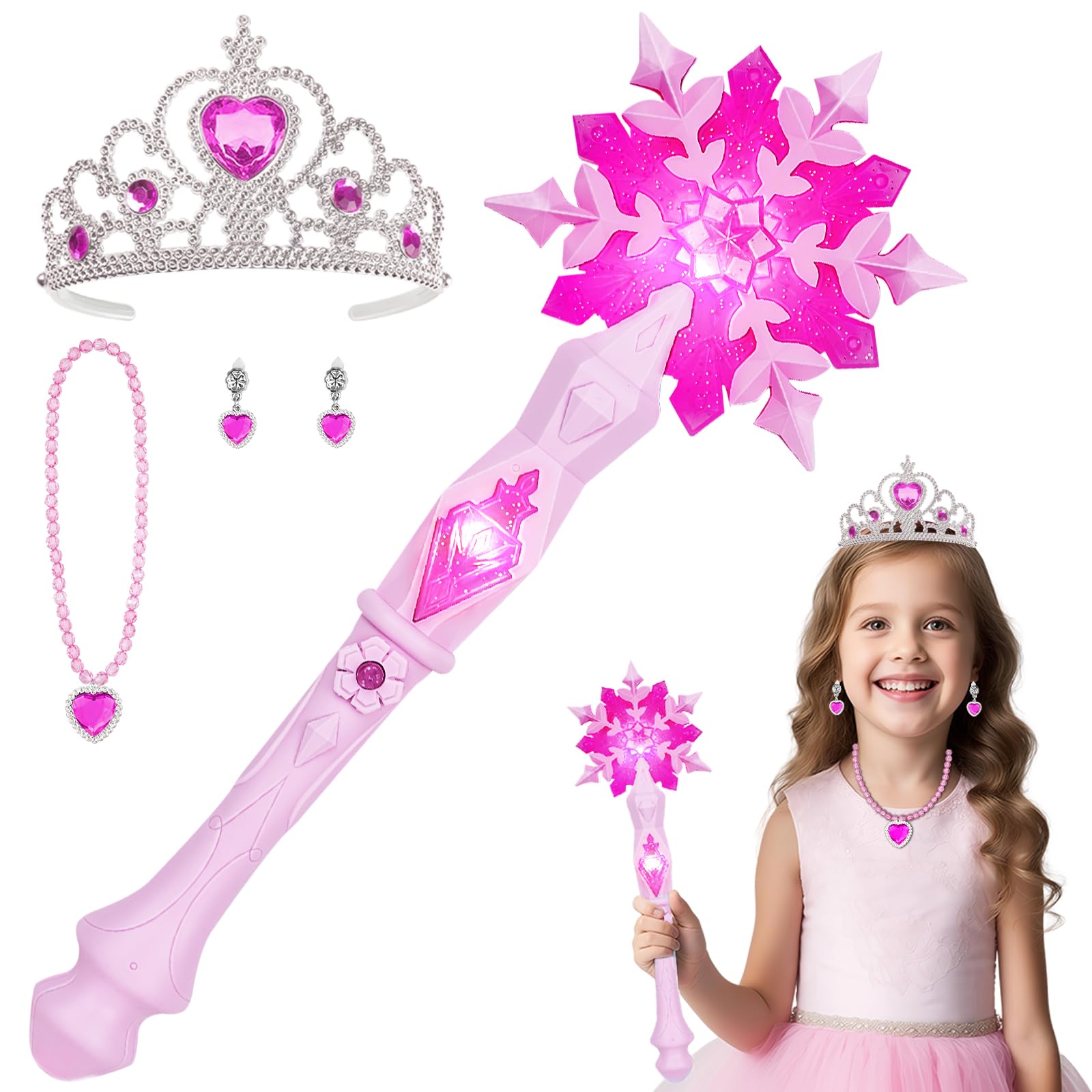 AUYAO Light Up Snowflake Wand Set LED Glowing Fairy Princess Wand Light Up Wand LED Fairy Stick with Necklace Earrings Crown for Kids Party Favors Costume Cosplay Pretend Play Christmas Birthday(Pink)