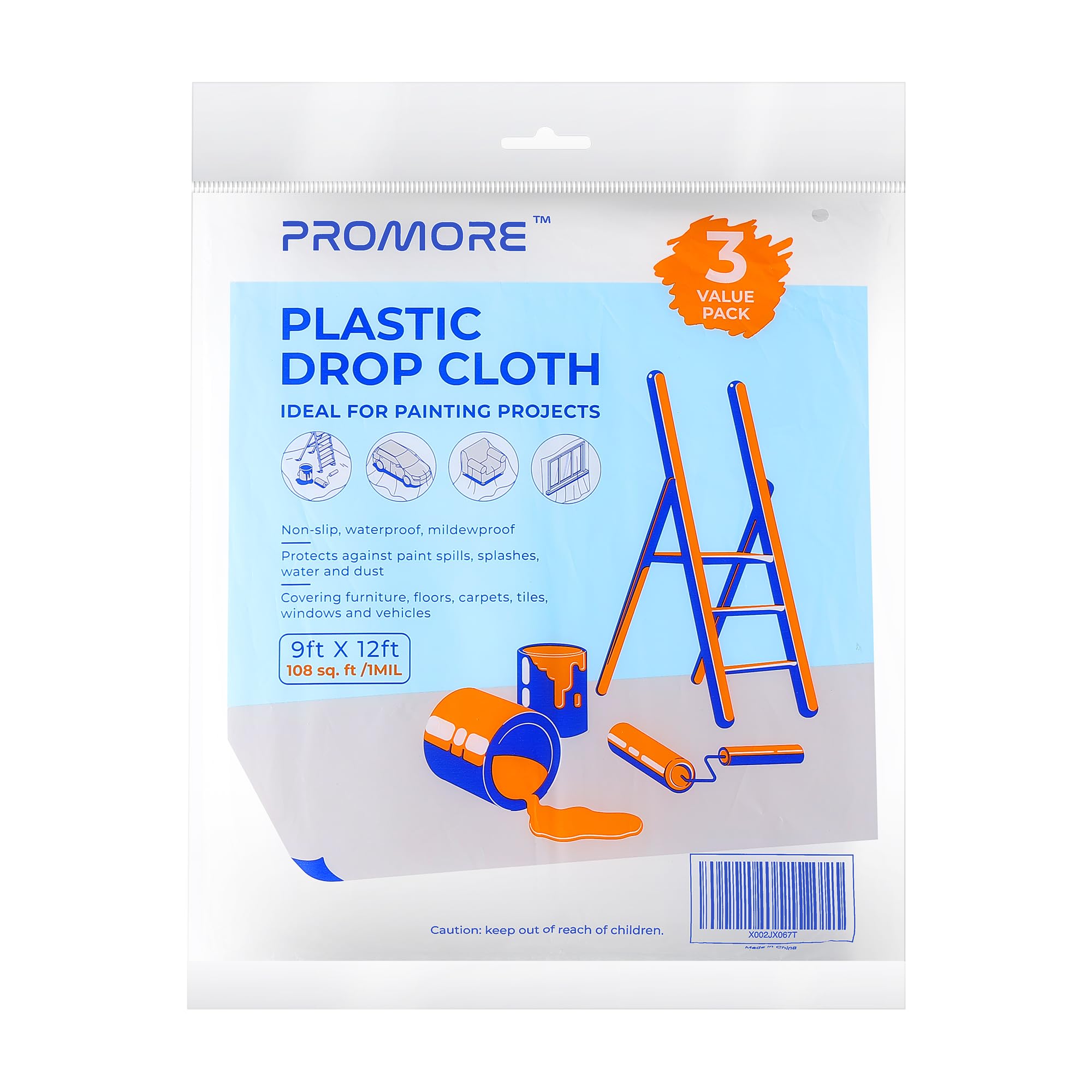 Dust Sheets for Decorating (3-Pack) 2.74 x 3.66m 25mic Large Plastic Dust Cover for Painting Decorating Furniture Protection, Proof Waterproof Painter Drop Cloth