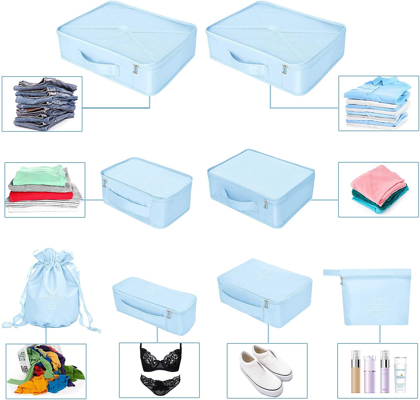BETLLEMORY Packing Cubes 8 Sets Travel Luggage Organizers with Waterproof Shoe Storage Bag Compression Pouches(Light Blue) - Image 5