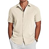 COOFANDY Men's Summer Beach Short Sleeve Button Down Shirt Slim Fit Casual Stylish Shirts Polyester Mexican Shirt Khaki