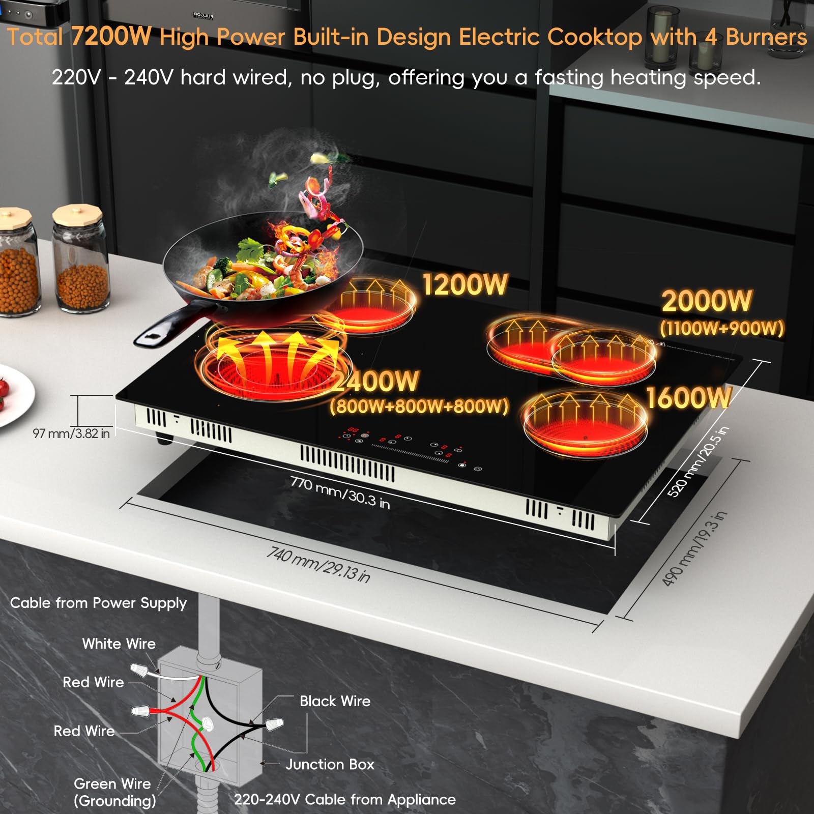 30 inch Electric Cooktop 4 Burner, 7200W Built-in Stove Top Burner with Sensor Touch Control, Radiant Electric Ceramic Cooktop with Safety Lock, 9 Level Power, 99 Min Timer - Hard Wire