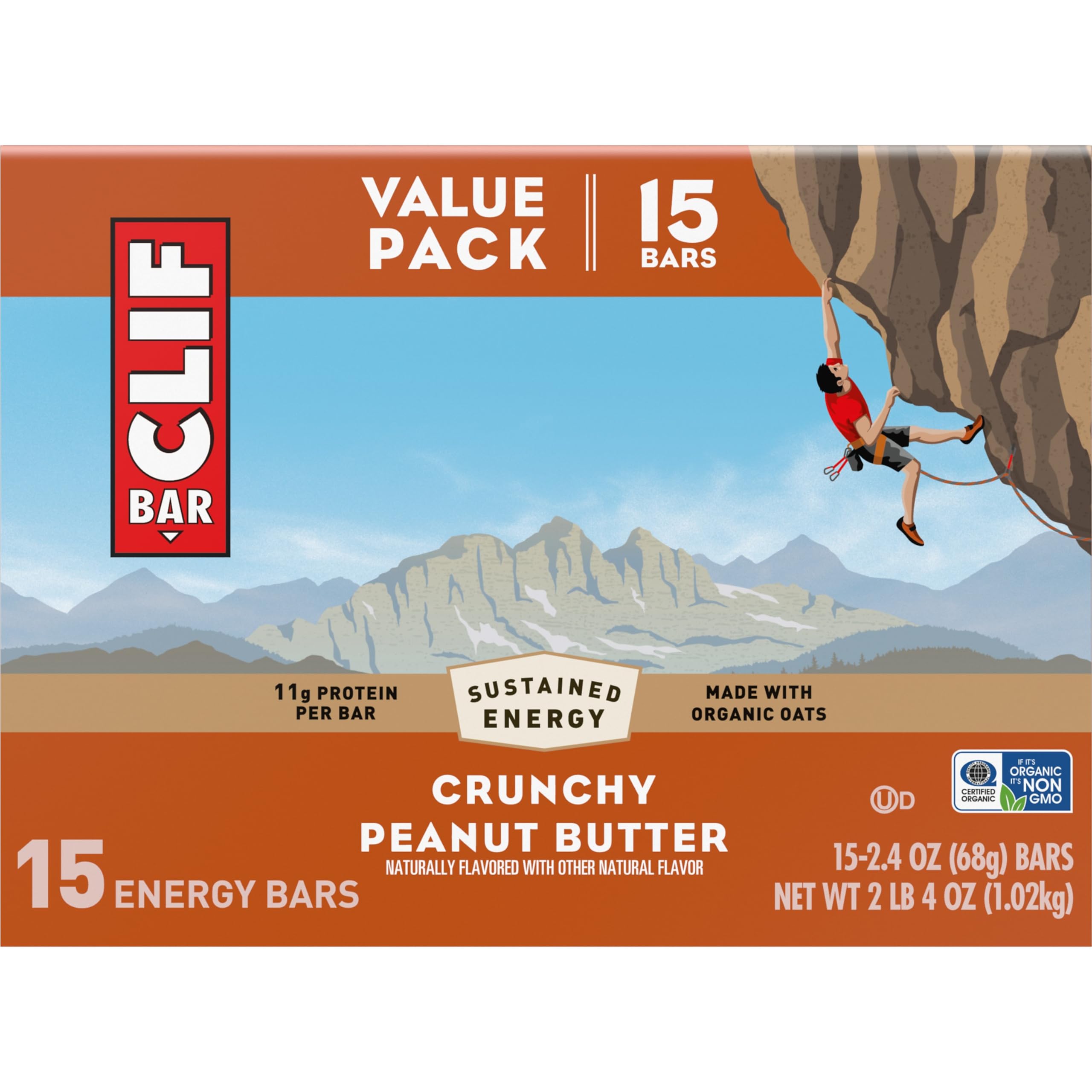 CLIF BAR - Energy Protein Bars - Crunchy Peanut Butter - Made with Organic Oats - Energy Bars - Non-GMO - (15 Pack)