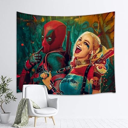 Yclqctpart Deadpool And Harley Quinn Tapestry Wall Hanging Home Decor For Living Room Bedroom Dorm Room 60x50 Inch