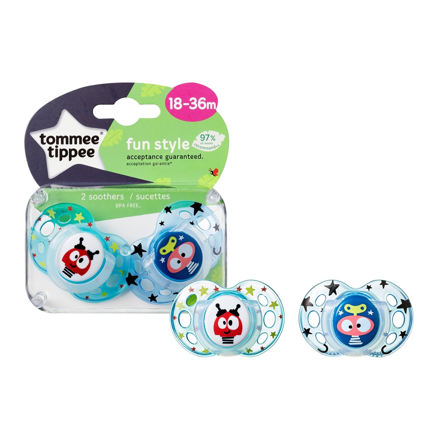 Tommee Tippee Fun Style Soothers, 18-36m, 2 Pack, Symmetrical Orthodontic Design, BPA-Free Silicone, Colours May Vary