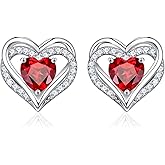 Iefil Birthstone Earrings for Women - 925 Sterling Silver Heart Stud Earrings Birthday Gifts for Women