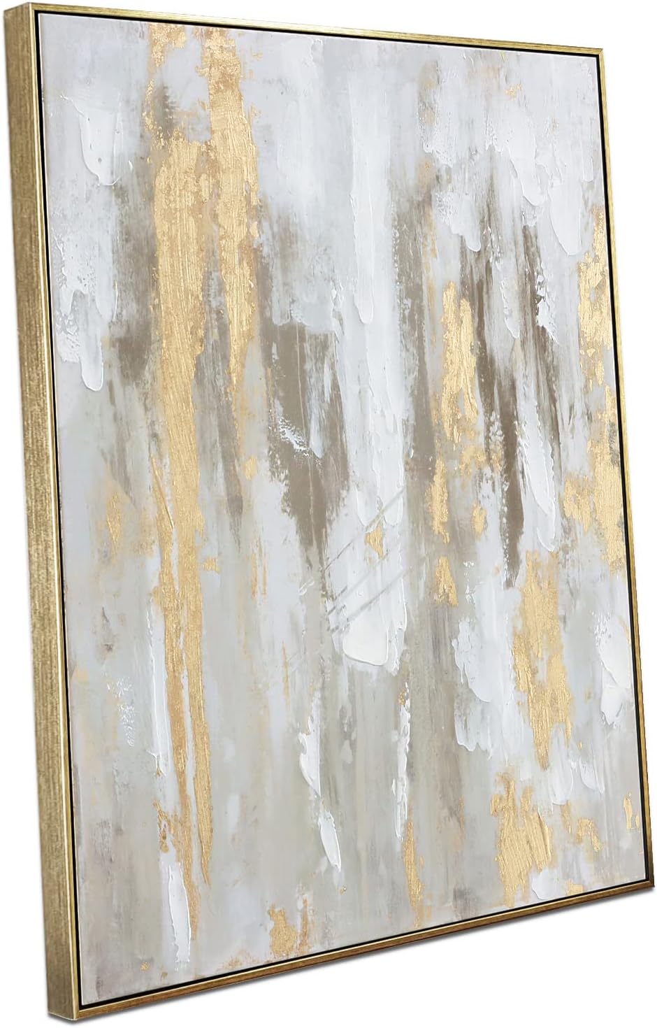 Paintings - Gold Abstract Wall Art Decor - Framed Texture Paintings Modern Canvas Artwork with Hand-Painted Gold Foil for Modern Style Decor, Ready to Hang