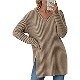 Velvelhall Women's Long Sleeve Sweater, V Neck Oversized Side Split Casual Top Loose Fit Lightweight Knit Pullover Sweaters