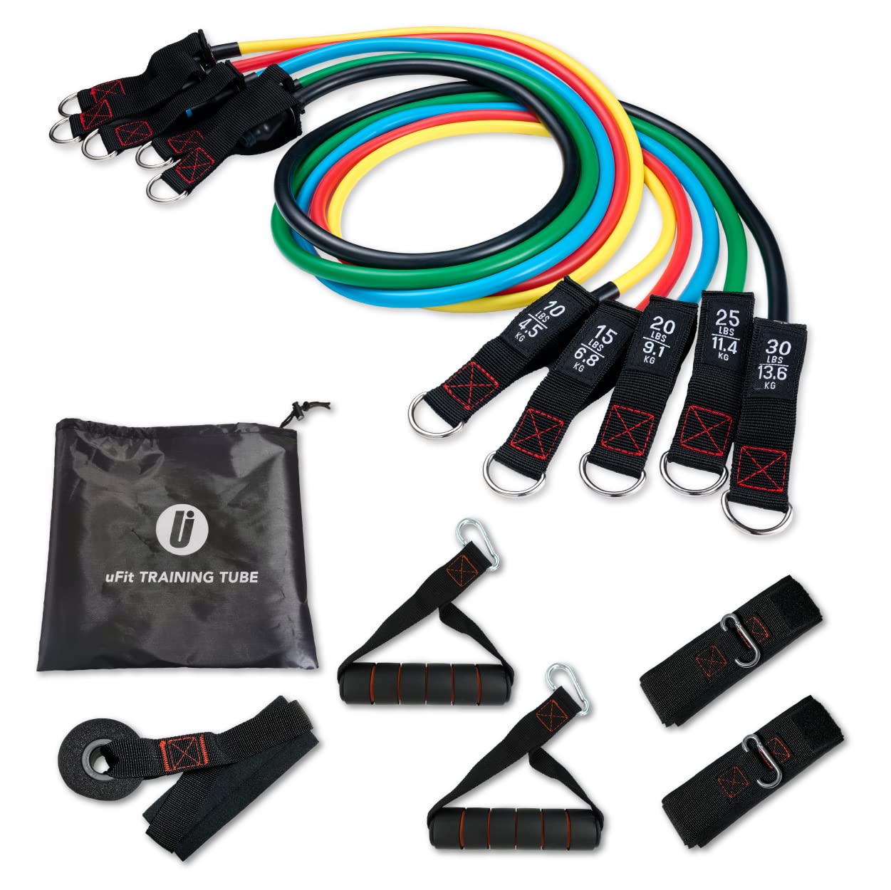 【日本国内メーカー】uFit Training Tube トレーニング チューブ 強度別5本セット 最大 45.5kg プロアスリート 水谷隼 愛用 ハンドル ドアアンカー 足首バンド 収納袋 天然ゴム 使い方動画商品画像