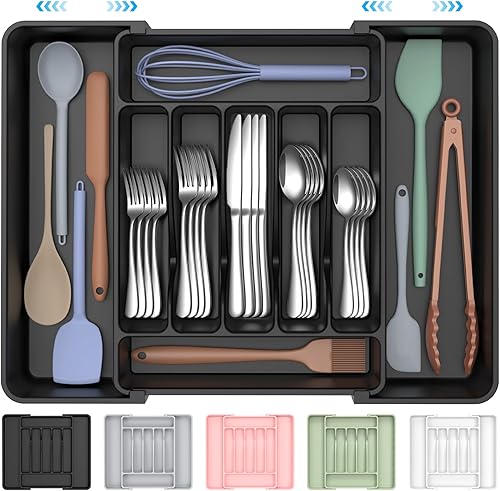 ukeetap Extra Large Expandable Silverware Organizer, BPA-Free Food-Safe Cutlery Flatware Organizer, Kitchen Utensil Drawer Organizer, Adjustable Silverware Holder for Spoons Forks Knives, Black