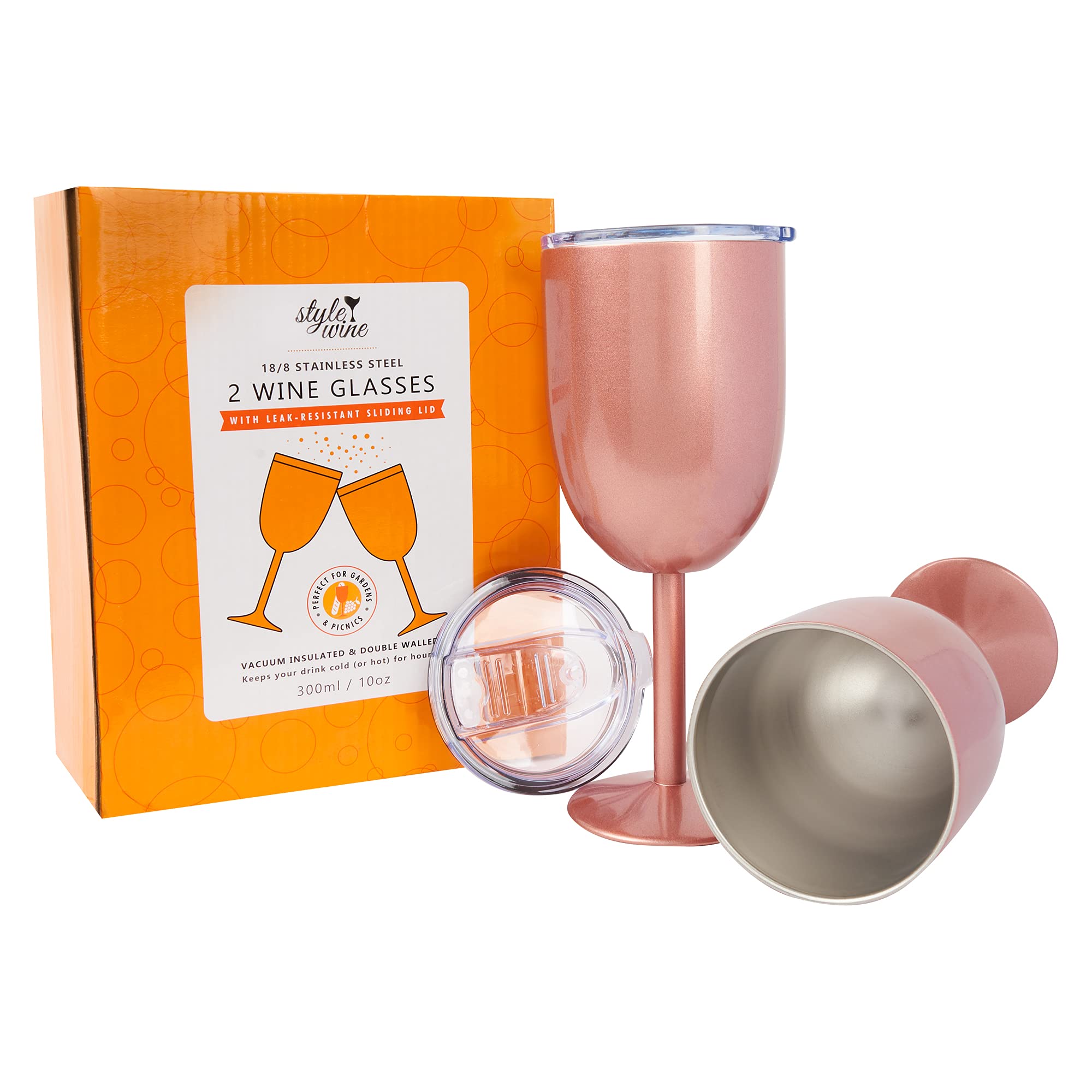 Stainless Steel Spillproof Wine Glasses - Set of 2 Leak Resistant Sliding Lid White Pink Black Rose Gold 300ml. Unbreakable Sustainable for Picnics Outdoor Travel