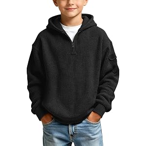 Olivcker Boys Girls Waffle Quarter Zip Hoodies Long Sleeve Loose Sweatshirts With Side Pocket Fall Winter Tops for 3-14 Years