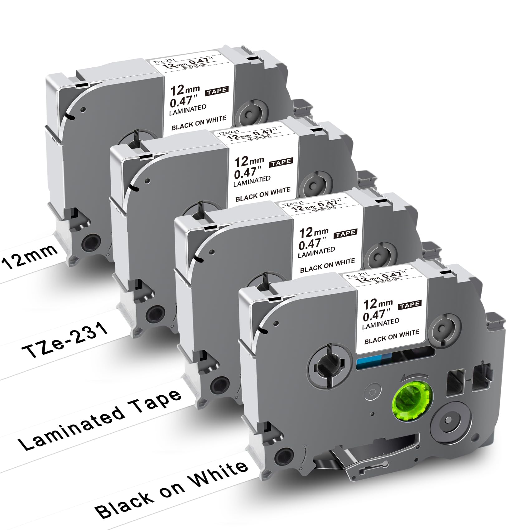 UNOKA 12mm 0.47 Laminated Tape White Compatible for Brother Ptouch Label Printer, TZe Tz Tape TZe-231 TZe 231, Black on White Cassettes for P Touch PT-H110 E110 H101C P300BT D210 H200